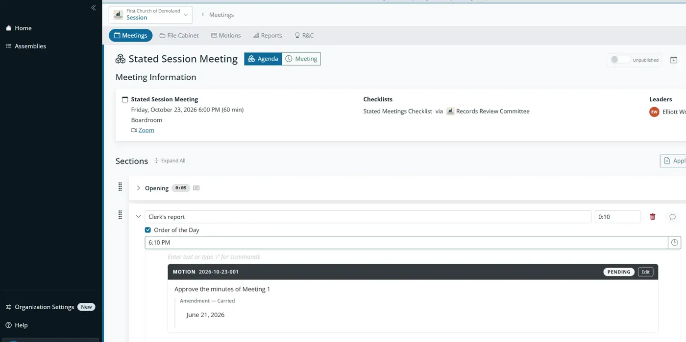 Orderly Meetings agenda builder